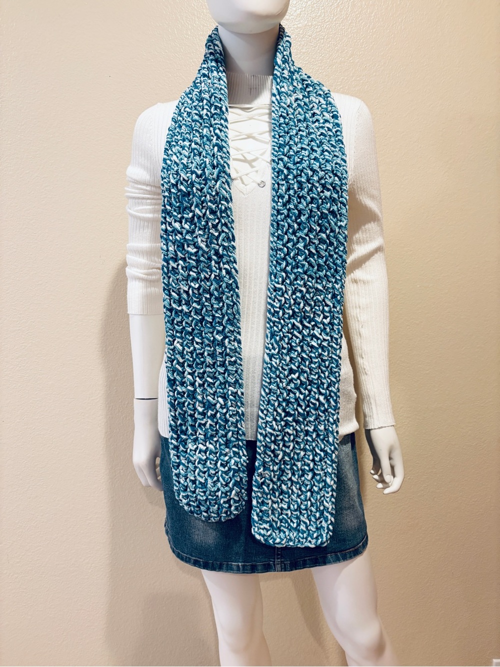 Hand Knitted Teal Blue White Chunky Chenille Scarf Handmade Festival Boho